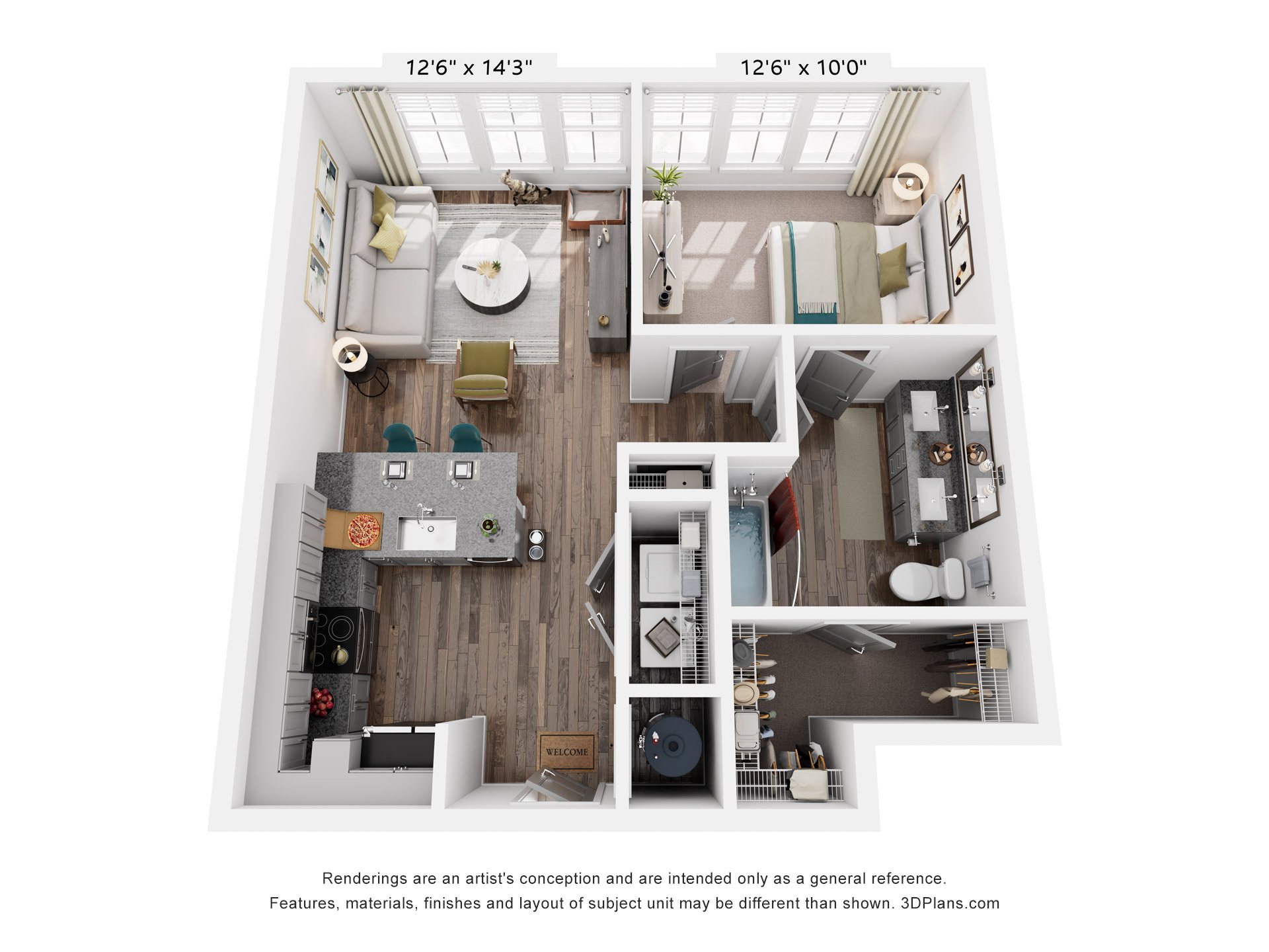 Floor plan for 1 bed, 1 bath, 688 sqft
