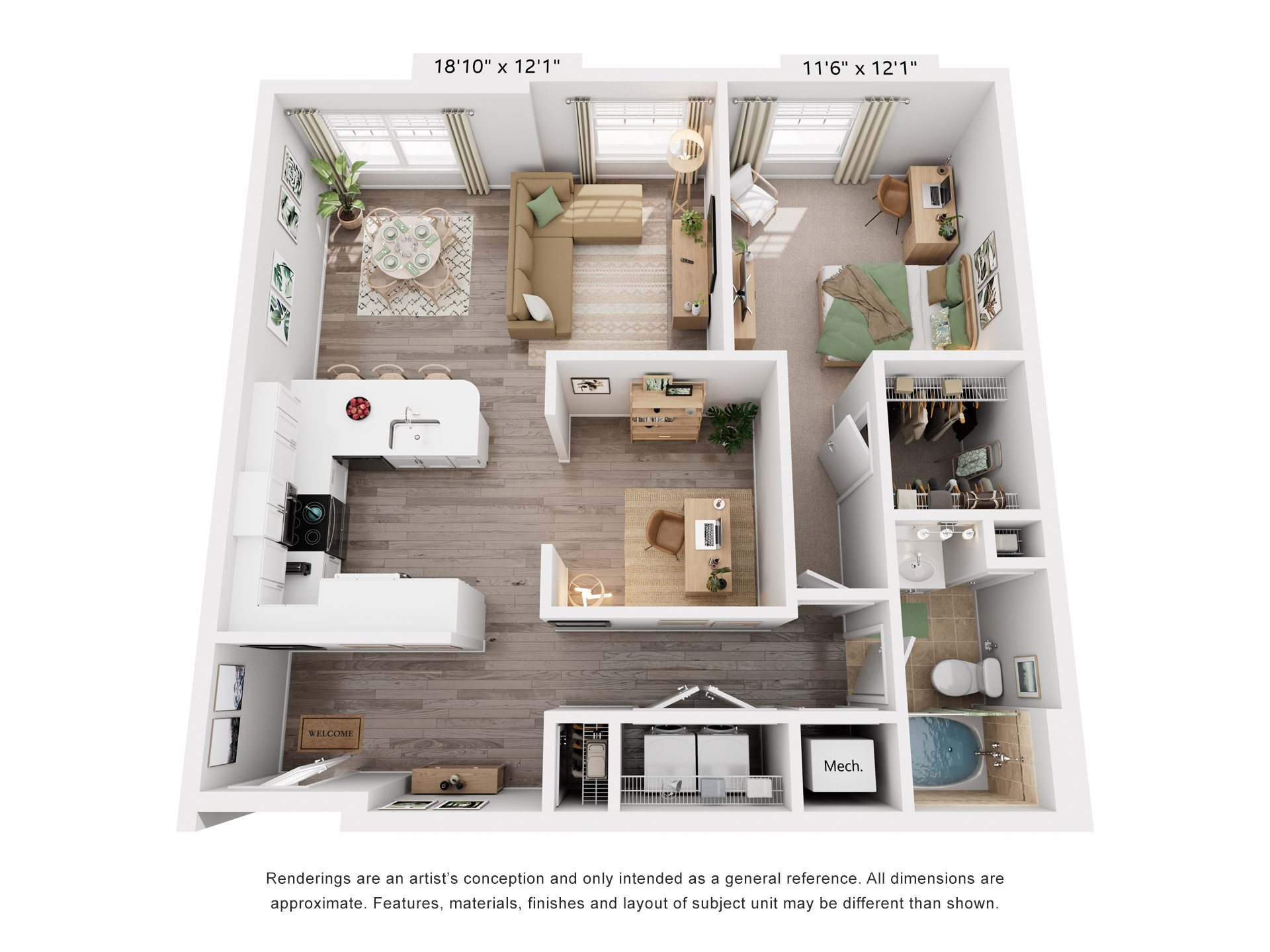 Floor plan for 1 bed, 1 bath, 953 sqft
