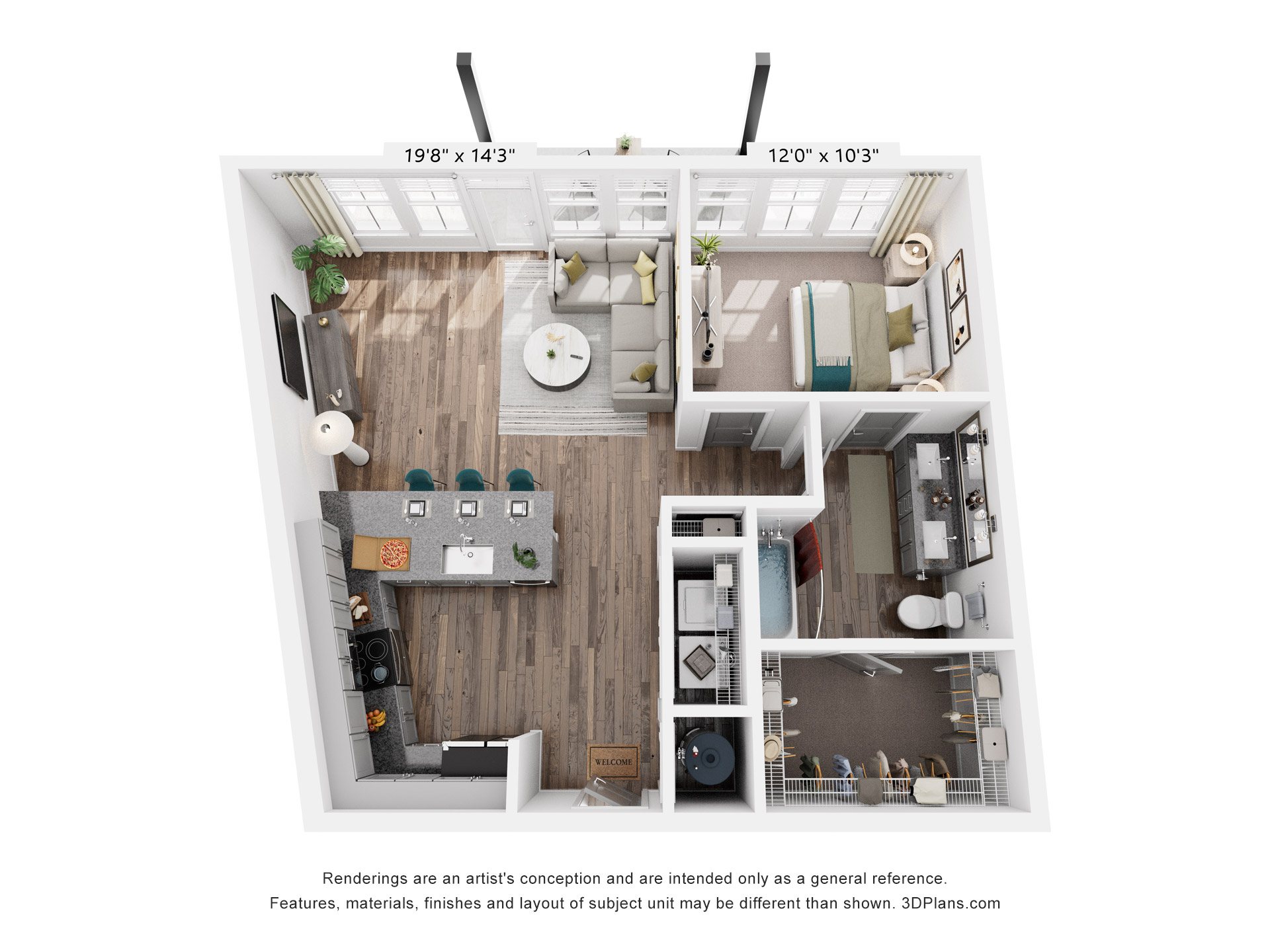 Floor plan for 1 bed, 1 bath, 786 sqft