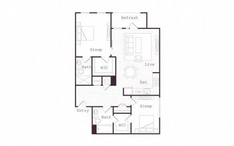 Floor plan for 2 beds, 2 baths, 1131 sqft