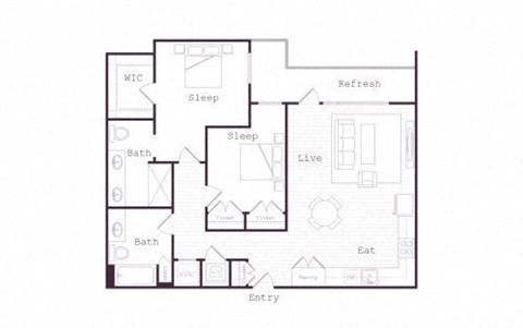 Floor plan for 2 beds, 2 baths, 1038 sqft