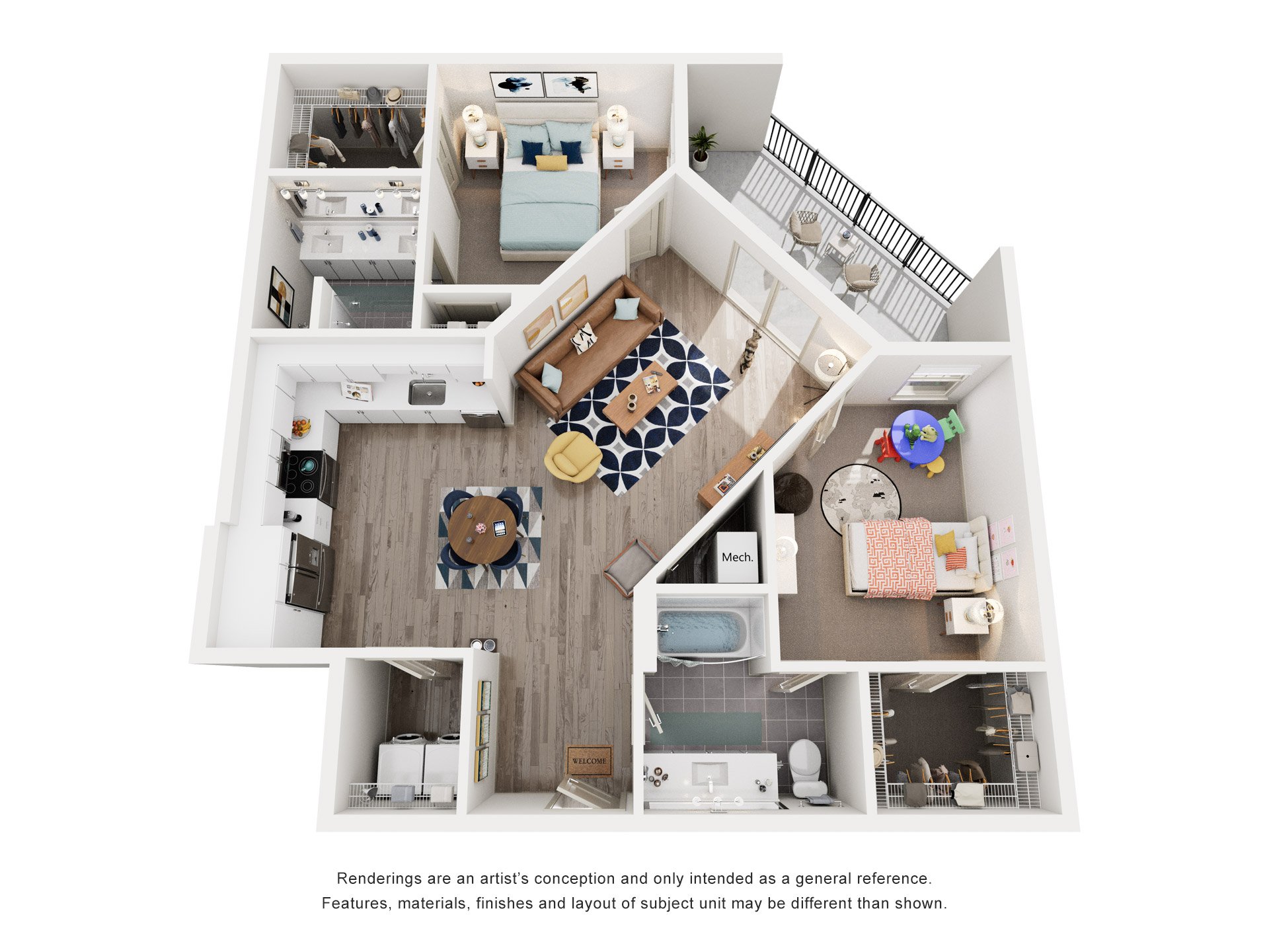 Floor plan for 2 beds, 2 baths, 1157 sqft