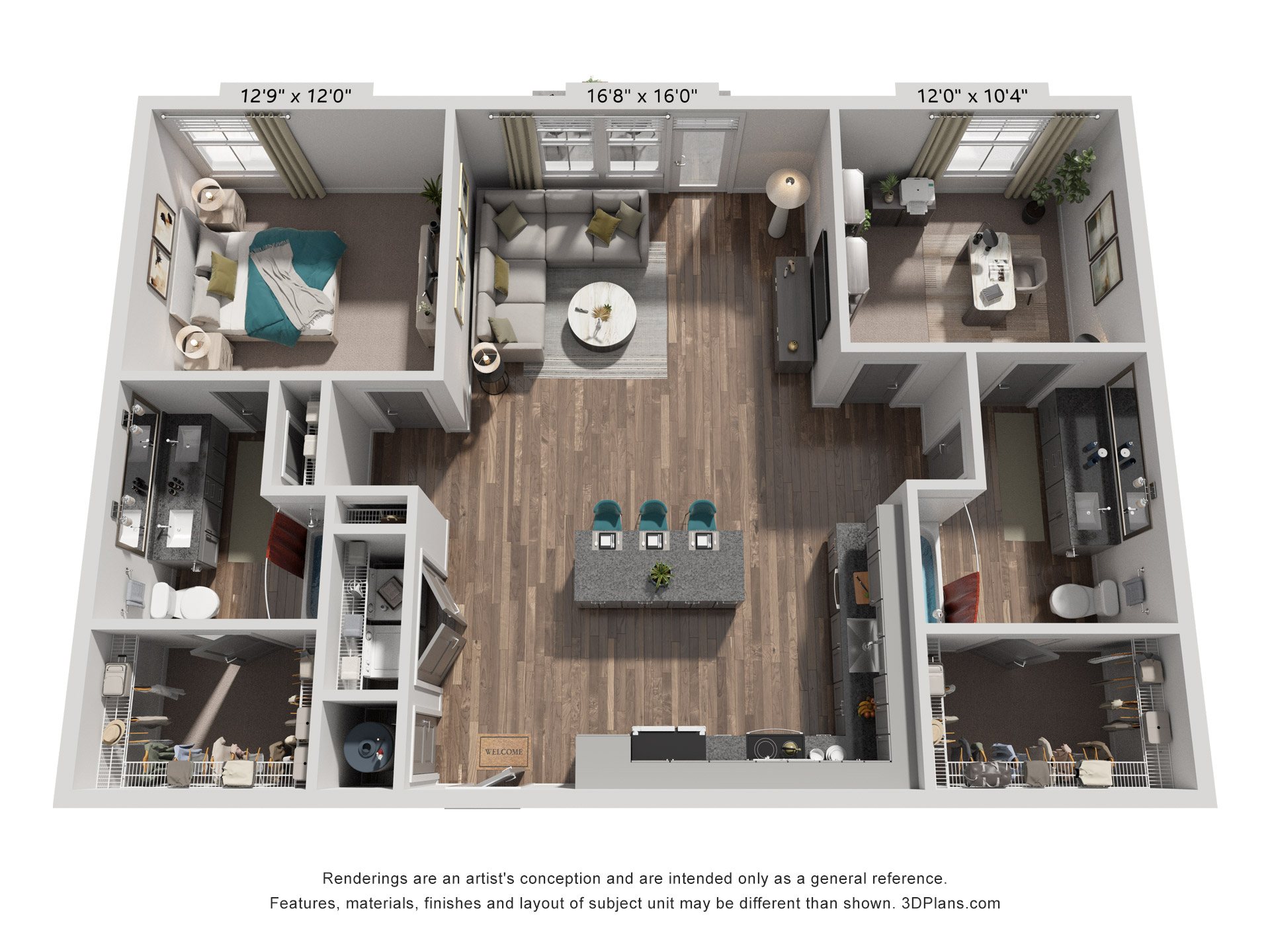 Floor plan for 2 beds, 2 baths, 1216 sqft