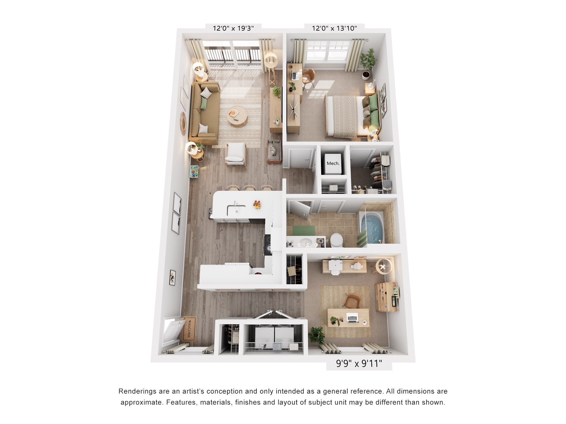 Floor plan for 1 bed, 1 bath, 962 sqft