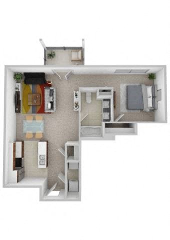 Floor plan for 1 bed, 1 bath, 767 sqft