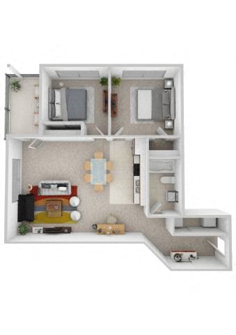 Floor plan for 2 beds, 1 bath, 1031 sqft