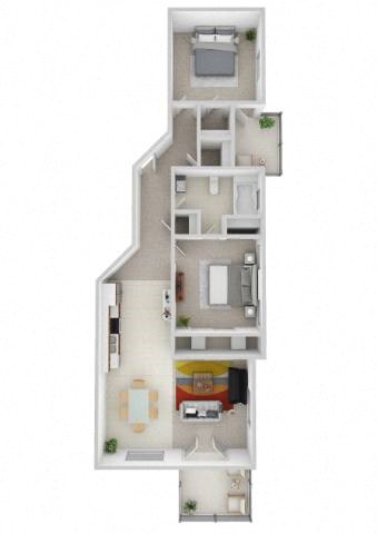 Floor plan for 2 beds, 1 bath, 1069 sqft