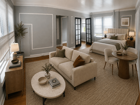 Syracuse apartment for rent - A living room with a beige couch, a round table, and a bed in the background.