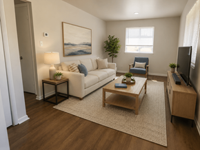 Columbus apartment for rent - A living room with a white couch, a blue chair, a lamp, and a painting on the wall.