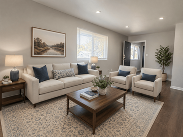 Columbus apartment for rent - A living room with a large couch, two chairs, a coffee table, and a painting on the wall.