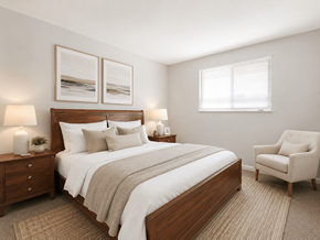 Bexley apartment for rent - A bedroom with a large bed, a chair, and two framed pictures on the wall.