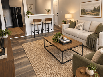 Dekalb apartment for rent - A living room with a white couch, a coffee table, and a painting on the wall.