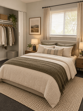 Dekalb apartment for rent - Cozy bedroom with neutral tones and organized closet at The Terraces at Dekalb Apartments, Dekalb, Illinois
