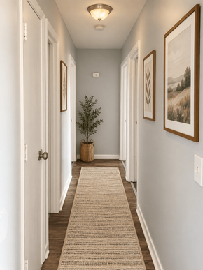 Dekalb apartment for rent - Hallway with wood floors and botanical artwork at The Terraces at Dekalb Apartments, Illinois, 60115