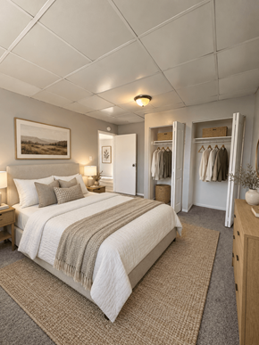 Dekalb apartment for rent - A bedroom with a large bed and a painting on the wall.