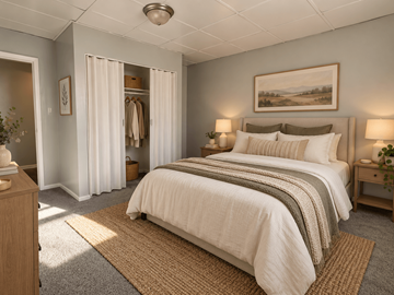 Dekalb apartment for rent - A bedroom with a large bed and a painting on the wall.