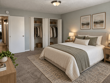 Tuscaloosa apartment for rent - A bedroom with a large bed and a wardrobe.
