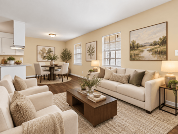 Tuscaloosa apartment for rent - A living room with a white couch, a coffee table, and a painting on the wall.