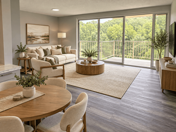 Washington apartment for rent - A living room with a wooden table and chairs, a couch, a TV, and a view of trees through the sliding glass doors.