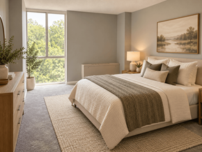 Washington apartment for rent - A bedroom with a large bed and a painting on the wall.