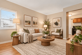 Columbus apartment for rent - A living room with a white couch, a coffee table, and a rug.