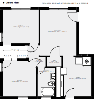 Floor plan for 2 beds, 1 bath, 750 sqft
