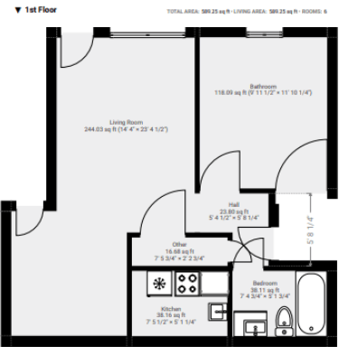 Floor plan for 1 bed, 1 bath, 645 sqft