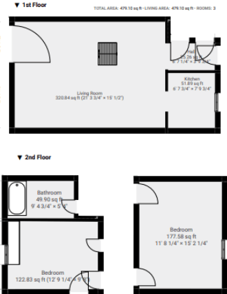 Floor plan for 2 beds, 1 bath, 875 sqft
