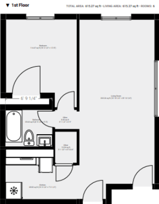 Floor plan for 1 bed, 1 bath, 700 sqft