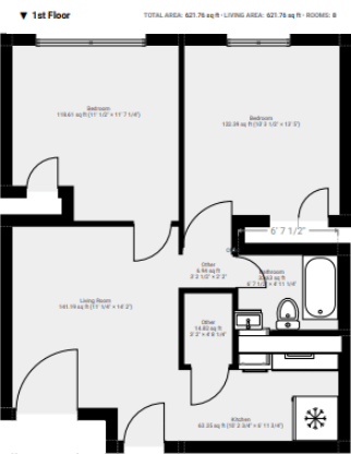 Floor plan for 2 beds, 1 bath, 700 sqft