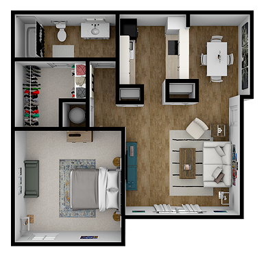 Floor plan for 1 bed, 1 bath, 754 sqft