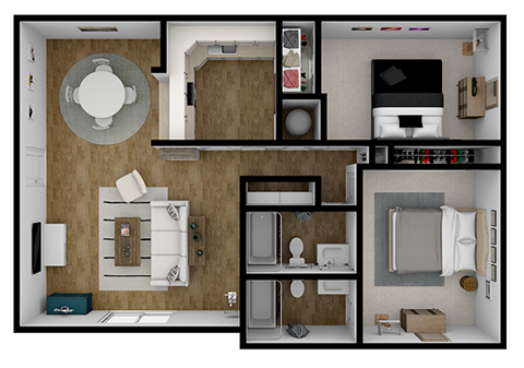 Floor plan for 2 beds, 2 baths, 1038 sqft