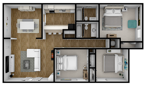 Floor plan for 3 beds, 2 baths, 1250 sqft