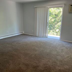 Dekalb apartment for rent - A room with a carpeted floor and a sliding glass door leading to a backyard.