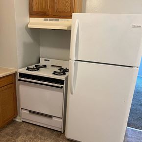 Dekalb apartment for rent - A white fridge and stove in a kitchen.