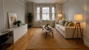 Syracuse apartment for rent - A living room with a white couch, a coffee table, and a rug.
