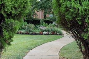 Webster Groves apartment for rent - a walkway through a garden in front of a building