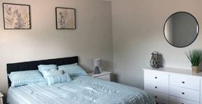 St. Louis apartment for rent - a bedroom with a bed and a dresser in it