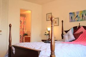 Webster Groves apartment for rent - a bedroom with a bed and a door to a bathroom