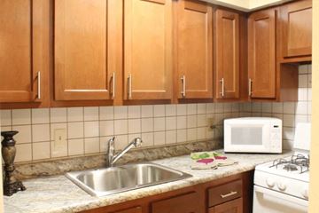 Webster Groves apartment for rent - a kitchen with a sink microwave and cabinets