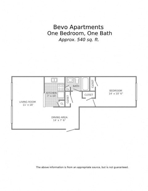 Floor plan for 1 bed, 1 bath, 540 sqft
