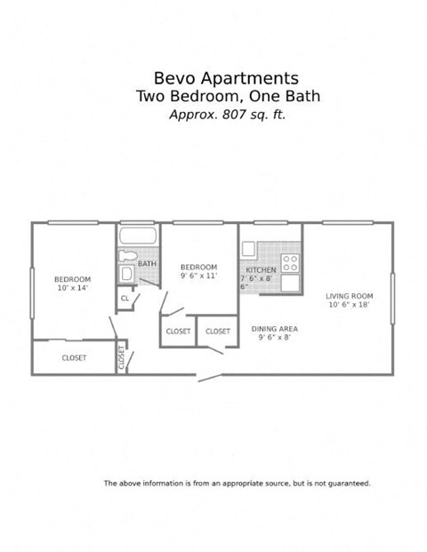 Floor plan for 2 beds, 1 bath, 807 sqft