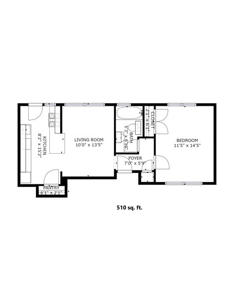 Floor plan for 1 bed, 1 bath, 510 sqft
