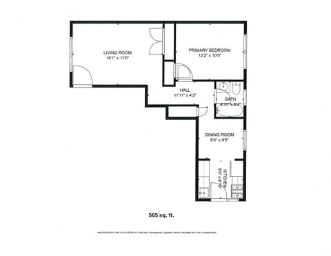 Floor plan for 1 bed, 1 bath, 565 sqft