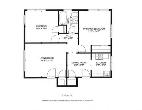 Floor plan for 2 beds, 1 bath, 710 sqft