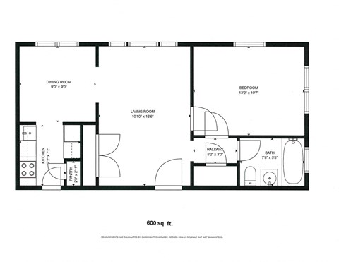 Floor plan for 1 bed, 1 bath, 600 sqft