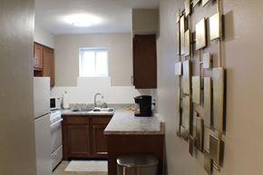 St. Louis apartment for rent - a small kitchen with a counter and a sink and a refrigerator
