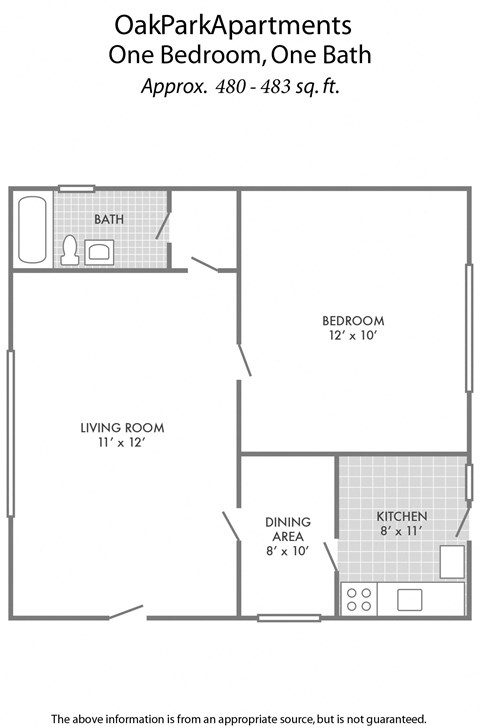 Floor plan for 1 bed, 1 bath, 483 sqft