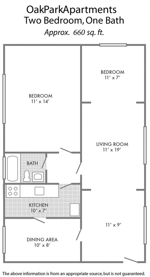 Floor plan for 2 beds, 1 bath, 660 sqft