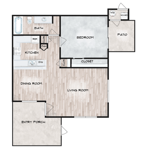 Floor plan for 1 bed, 1 bath, 652 sqft